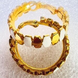 Vintage Trifari Hoop Earrings White Enamel Gold Tone Omega Back for Pierced Ears